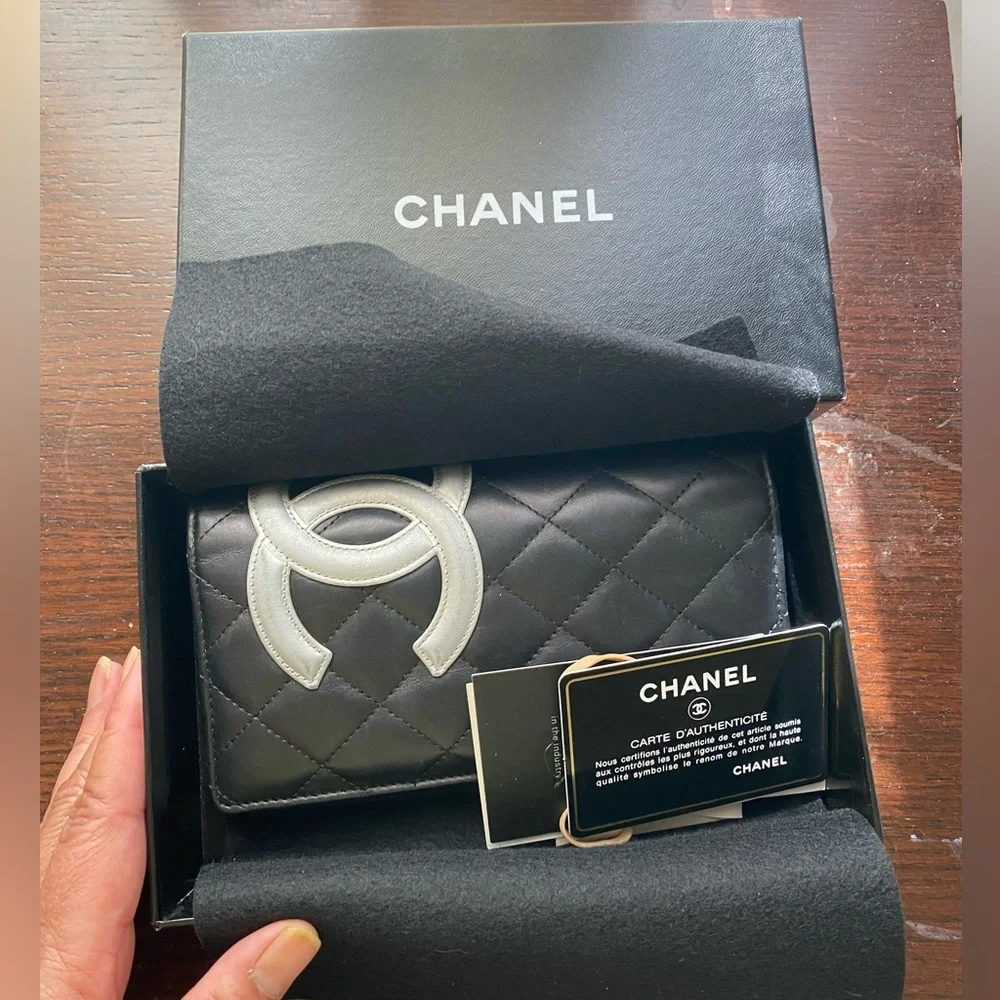 Chanel Quilted Calfskin Black Cambon Line Silver Leather Long Wallet